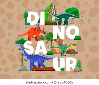 Divertidos dinosaurios prehistóricos y personajes de dinosaurios en el parque jurásico o selva, Vector de dibujos animados. Lagartos dinosaurios prehistóricos de amygalodon, hypselosaurus, allosaurus y styracosaurus en bosque