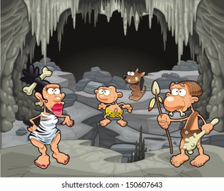 Funny prehistoric family in the cavern. Cartoon and vector illustration