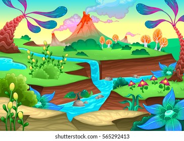 Funny Prehistoric Landscape With River And Volcanoes. Vector Cartoon Illustration
