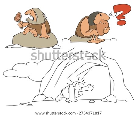 Funny prehistoric people in various situations. Funny people. Illustration concept for website and mobile website development.