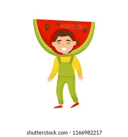 Funny preschool boy in headwear in form of watermelon. Child in cute fruit costume. Kindergarten theme. Flat vector design