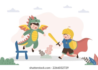 Los niños de preescolar divertidos juegan a personajes de cuento de hadas. Caballero en el dragón de las luchas armónicas. Un monstruo ficticio malvado lucha contra un soldado blindado. Imaginación en niños, juegos colectivos para niños. ilustración vectorial