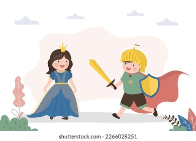 Funny preschool children play fairy tale characters. Cute boy is dressed as knight, girl is dressed as beautiful princess. Imagination, kids play, happy childhood. Team game. Flat vector illustration