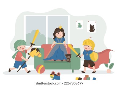 Funny preschool children play fairy tale characters. Cute boys is dressed as knights, girl is dressed as beautiful princess. Imagination, kids play, happy childhood. Team game. vector illustration