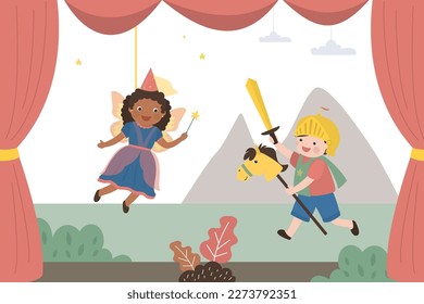 Funny preschool kids dressed fairy tale characters. Children classmates play in school theater, knight in armor help fairy. Theatrical performance, small actors on stage. flat vector illustration