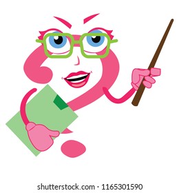 funny presenter mentor trainer question mark lady character stick in hand giving speech with clipboard in hand