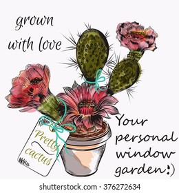 Funny pretty cactus flower in drawn engraved and watercolor style garden grown with love