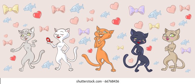 Funny pretty cats posing on the background of different decorative elements like hearts, fish and bows