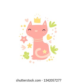 Funny, pretty kitty. Vector cartoon template for kids game, book, t-shirt, textile, patches, pins, badges, stickers, cards. Illustration for girls. White isolated, flat design