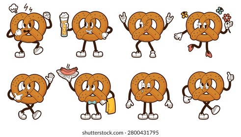 Funny pretzel character. Germany bakery symbol, oktoberfest groovy mascot. Baking element in different poses and expressions, neoteric vector set