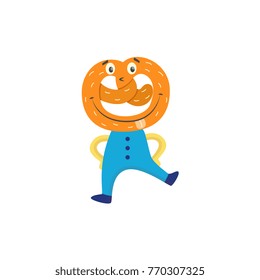 Funny pretzel character with human face dressed in uniform, smiling and dancing, cartoon vector illustration isolated on white background. Funny cartoon pretzel dessert character dancing happily