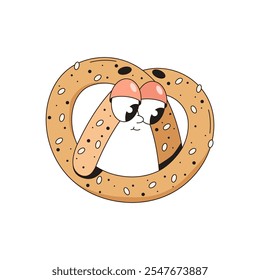 Funny pretzel icon with eyes. Vector German bread character. Comic or funny sticker for Oktoberfest. Baked salty bun. Traditional Bavaria appetizer symbol. Cartoon pretzel. Food and cooking element.