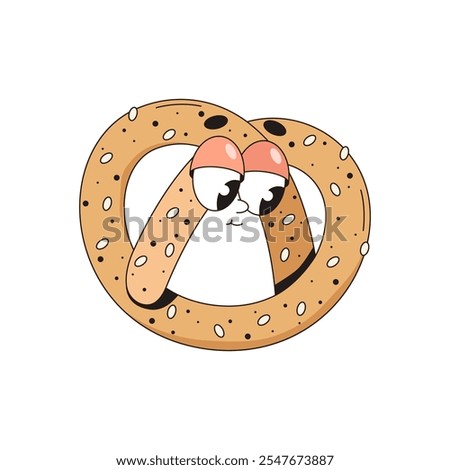 Funny pretzel icon with eyes. Vector German bread character. Comic or funny sticker for Oktoberfest. Baked salty bun. Traditional Bavaria appetizer symbol. Cartoon pretzel. Food and cooking element.
