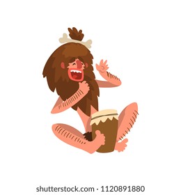 Funny primitive caveman playing drum, stone age prehistoric man character cartoon vector Illustration on a white background