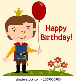 Funny Prince in cartoon style with balloon - happy birthday card