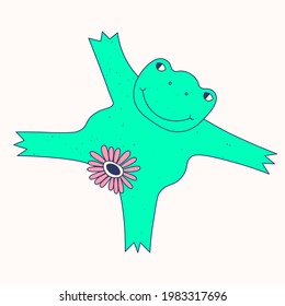 Funny princess frog sticker in garden.Hippie psychedelic frog and flowers 60s and 70s style.Funny Groovy animal. Template for a plotter and tattoo.Isolated patches for cards, cases.Amphibian reptile