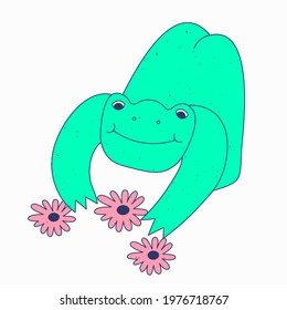 Funny princess frog sticker. Hippie psychedelic frog and flowers 60s and 70s style. Funny Groovy animal. Template for a plotter and tattoo .Isolated patches for cards, cases. Amphibian reptile