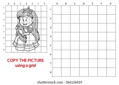funny princess game. Vector illustration of grid copy puzzle with happy cartoon princess for children