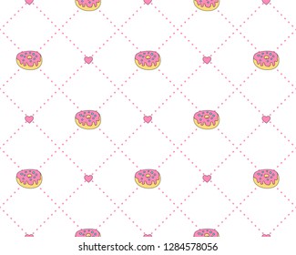 Funny princess pattern with geometrical structure and sweet donuts. Donut sweets princess pattern, cute teen fashion elements for princess and little girls. Princess cute seamless pattern, with pink