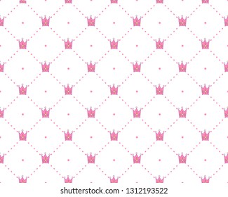 Funny princess pattern with geometrical structure and royal crown. Crown and dots princess pattern, cute teen fashion elements for princess and little girls. Princess cute seamless pattern, with pink