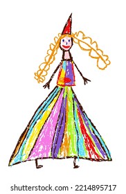 Funny princess or queen. Crayon like kid`s hand drawn fairy. Wonderland magical fantasy fairy tale dream. Colorful bright vector crayon, pastel chalk or pencil doodle scribble art