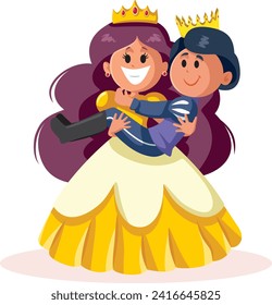 
Funny Princess Rescuing a Prince Charming in Distress Vector Illustration. Feminist modern fairy-tale with reversed gender roles 
