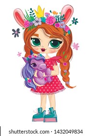 Funny princess with unicorn illustration. Flowers wreath on fire orange hairs. Cartoon style print. 