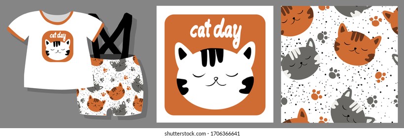 Funny print for baby clothes. Cute pattern with cats. T-shirt design. Vector illustration.Ready design kit.