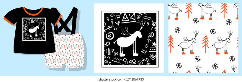 Funny print for baby clothes. Cute ethnic pattern. T-shirt design. Vector illustration. Ready-made textile design kit. Seamless pattern. Ancient runes. Reindeer character. Pajamas print. Deer. Folk.