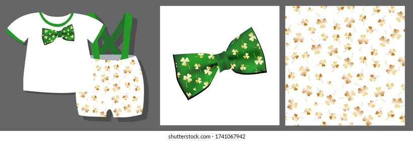 Funny print for baby clothes. Cute pattern with clover. T-shirt design. Vector illustration. Ready-made textile design kit. Seamless pattern. Trefoil. Quatrefoil. Pajamas print. Saint Patrick.