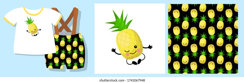 Der sonnige Druck für Babykleidung. Cute Muster mit Ananas. T-Shirt-Design. Vector-Abbildung. Fertig gefertigtes Textildesign-Kit. Nahtloses Muster. Ananas-Zeichen. Pajamas drucken. Früchte.