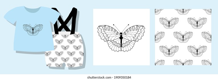 A funny print for baby clothes. Cute pattern with butterflies. T-shirt design. Vector illustration. Ready-made textile design kit. Seamless patterns. Butterfly character. Printed pajamas. insects.