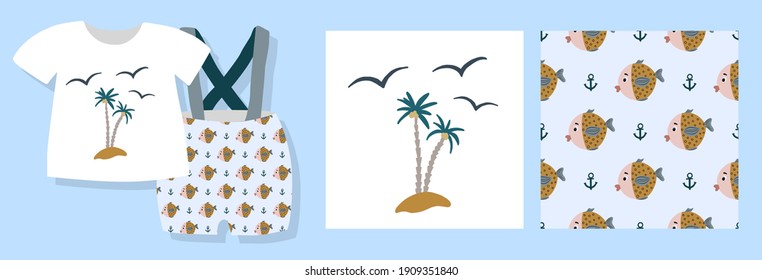 A funny print for baby clothes. Cute pattern with fishes. T-shirt design. Vector illustration. Ready-made textile design kit. Seamless patterns. Marine life. Printed pajamas. Sea and ocean.