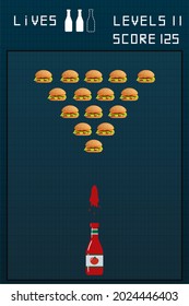 Funny print with burgers and ketchup in the form of a retro game space invaders