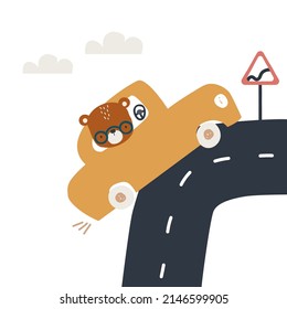 Funny print with car and bear. Vector hand drawn illustration.