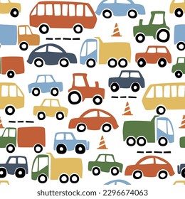 Funny print with cars drawn by children. Seamless cars pattern