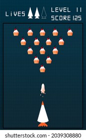 Funny print with cupcake and creame in the form of a retro arcade game 