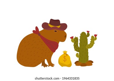 Funny print with cute capybara sitting in hat near cacti and bag with gold and money. Isolated vector illustration on white background. Lovely hand drawn character. The biggest rodent in animal world.