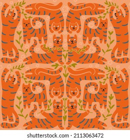 Funny print with cute grumpy tigers. Orange color palette seamless pattern with amazing animals. Humorous background or wallpeper symmetric design. Hand drawn fauna creatures playing. Surface design