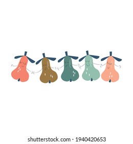 Funny print in the form of multi-colored pears holding each other's hands. Vector illustration on white background. 