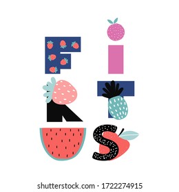 Funny print with fruits. Kids summer graphic. Vector hand drawn illustration.