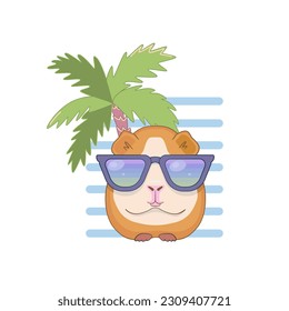 Funny print of guinea pig with glasses on palm tree background. Picture for the design of T-shirt for kids poster.