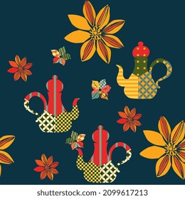 Hübscher Druck mit mehrfarbigen Teeppots im orientalischen Stil und abstrakten Blumen auf dunklem Hintergrund. Vektordesign.