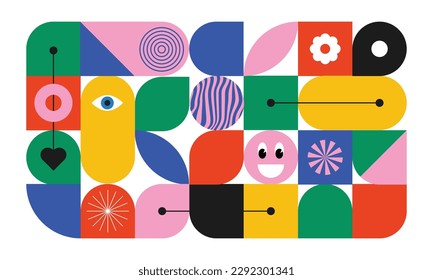 Hübscher Druck mit naiven spielerischen abstrakten Formen. Kreatives geometrisches Kunstposter für Kinder. Memphis, Bauhaus, Hipster-Stil. Farbige Ästhetik für die Kindergarten. 