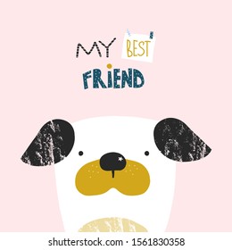 Funny print or poster with dog and quote. Trendy kids graphic. Vector hand drawn illustration.