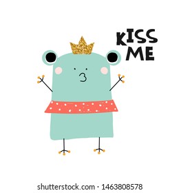 Funny print with princess frog slogan. Fashion kids graphic. Vector hand drawn illustration.