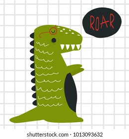 Funny print with roaring crocodile. Vector hand drawn illustration.