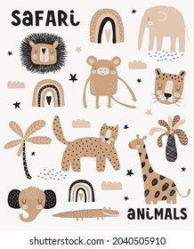 Funny Print with Safari Animals. Lovely Hand Drawn Safari Party Vector Illustration ideal for Card, Wall Art, Poster. Cute Lion,Tiger,Elephant, Giraffe, Aligator and Monkey on a White Background. 