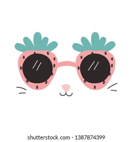 Funny print with strawberry sunglasses on the cat's face. Summer fashion graphic. Vector hand drawn illustration.