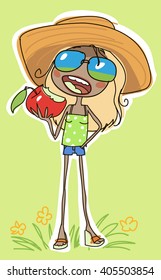 funny print for summer clothes, with the image of a girl eating an apple